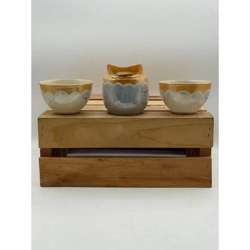 Vintage Hand-Painted Japanese Iridescent Tea Set - Pitcher and Two Cups